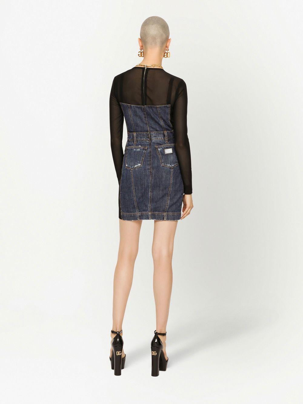 Dolce & Gabbana Denim Corset Dress with Sheer Sleeves