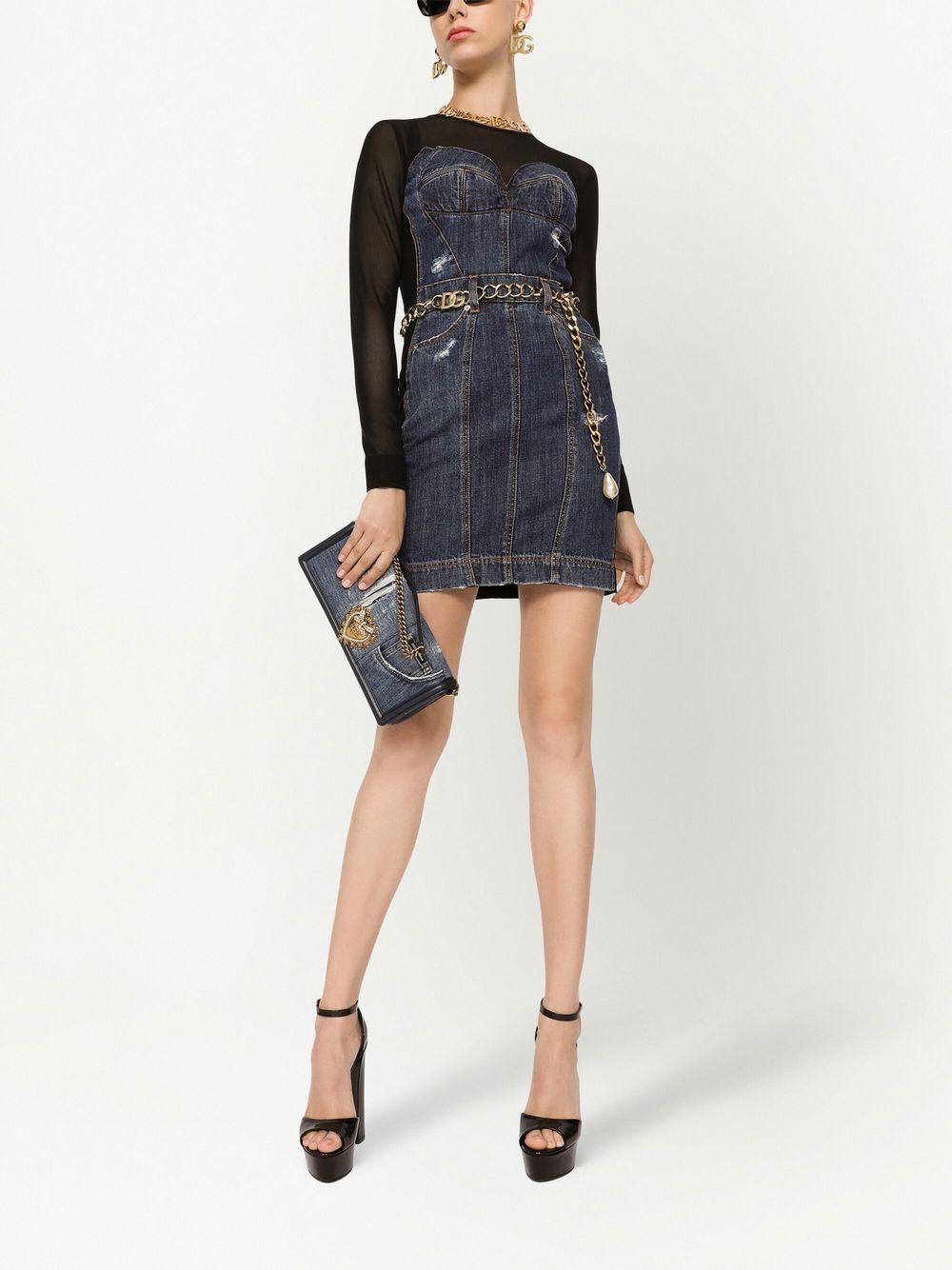 Dolce & Gabbana Denim Corset Dress with Sheer Sleeves