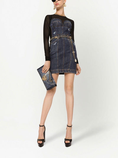 Dolce & Gabbana Denim Corset Dress with Sheer Sleeves