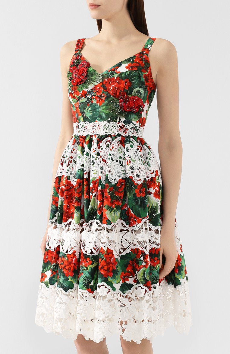 Dolce & Gabbana Red Geranium Floral Print Dress