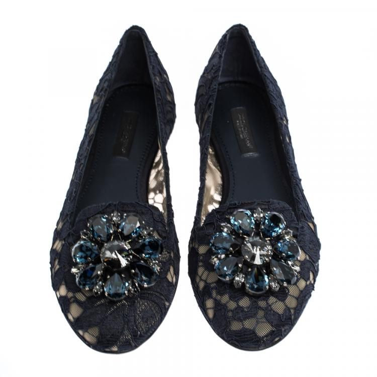Dolce & Gabbana Navy Lace Ballet Flats with Crystal Embellishment