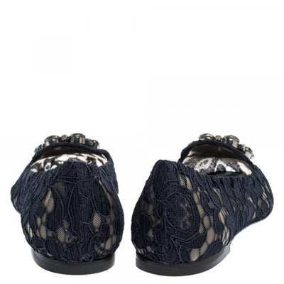 Dolce & Gabbana Navy Lace Ballet Flats with Crystal Embellishment
